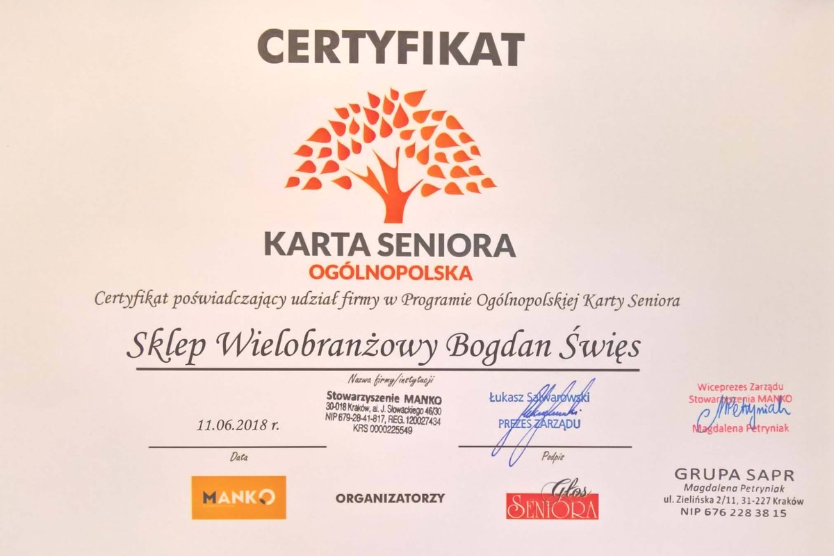 Certyfikat: Ogólnopolska Karta Seniora