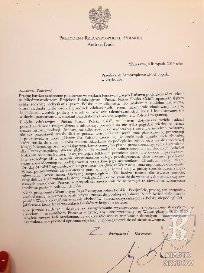 List: Prezydent RP Andrzej Duda