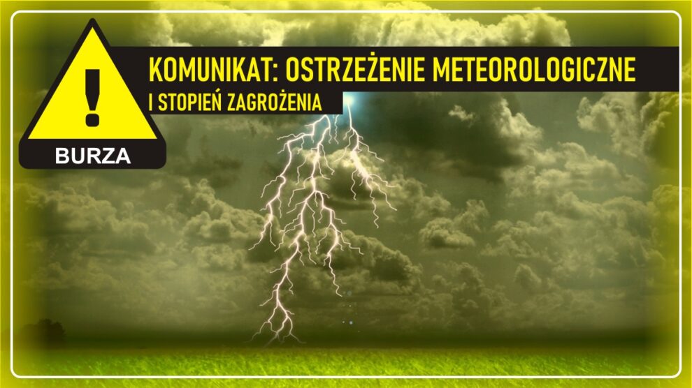 Grafika ilustracyjna: Błyskawica na tle gęstych chmur burzowych (żółta ramka dookoła obrazka)