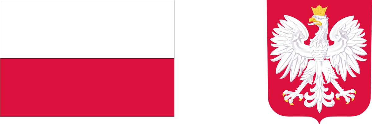 Z lewej flaga i z prawej godło Rzeczypospolitej Polskiej