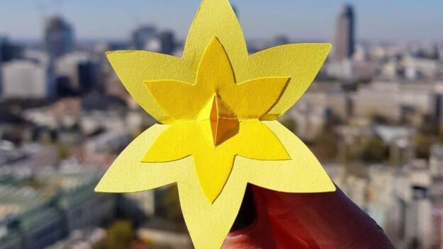 Żółty, papierowy żonkil trzymany w ręce#ŁączyNasPamięć (fot. Muzeum Historii Żydów Polskich)