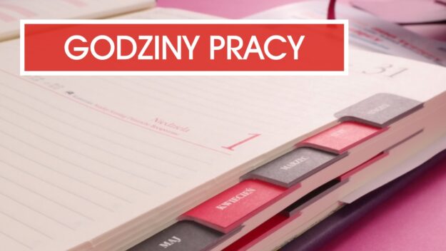 Grafika ilustrująca - otwarty kalendarz biurowy i napis godziny pracy