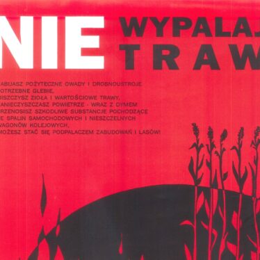 Czerwone tło. Hasło „Nie wypalaj traw, czarne rośliny i zarys ziemi, skutki wypalania traw”