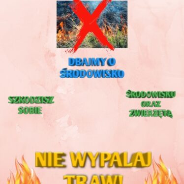 Jasnoróżowe tło, ogień, przekreślone zdjęcie płonących traw, hasło „Nie wypalaj traw”