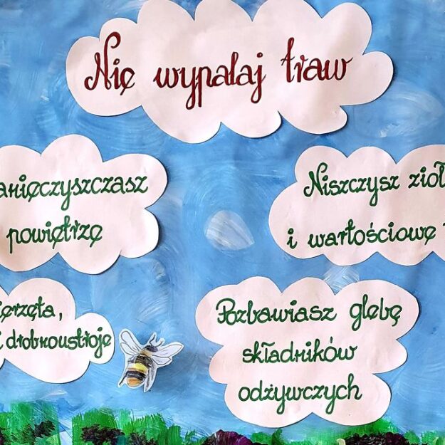 Plakat „Nie wypalaj trawy” - napisy w chmurkach