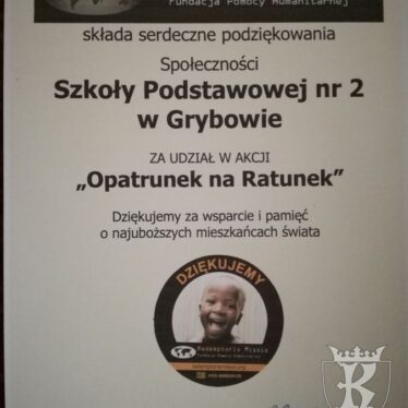 Dyplom z podziękowaniami dla szkoły za udział w akcji „Opatrunek na ratunek”