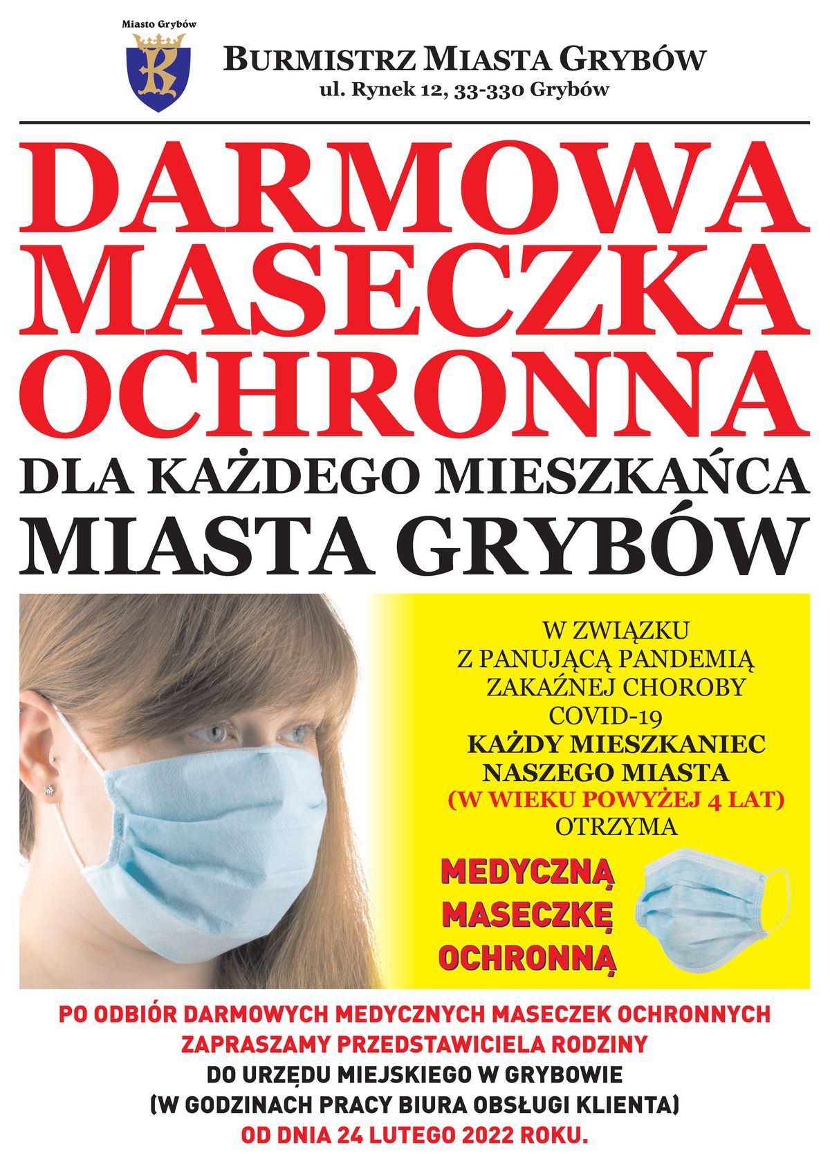 Plakat informacyjny: Darmowa maseczka ochronna dla każdego Mieszkańca Miasta Grybów