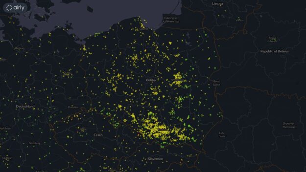 Mapa miejsc instalacji czujników jakości powietrza