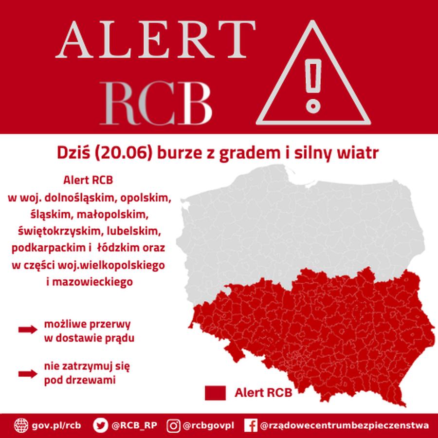 Alert RCB informujący o sytuacji pogodowej w wybranych częściach kraju