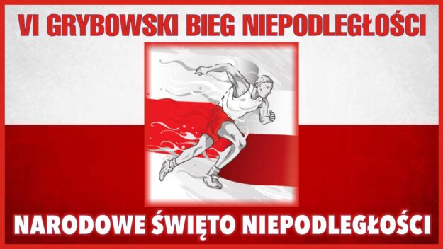 Grafika nawiązująca do barw narodowych - na środku biegacz w ruchu