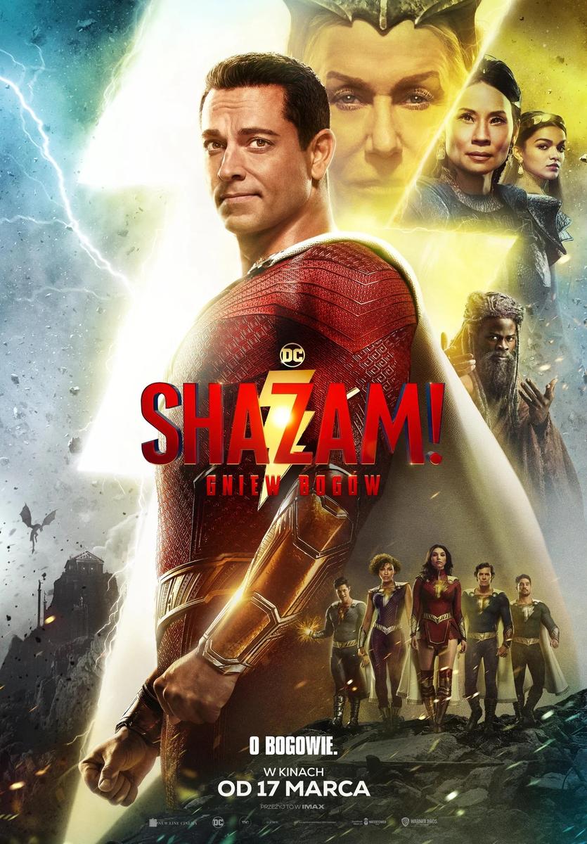 Grafika reklamowa w formie plakatu zapraszająca do kina na film SHAZAM! GNIEW BOGÓW