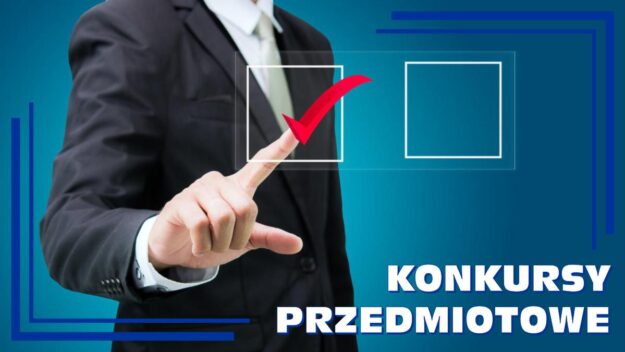 Grafika z napisem KONKURSY PRZEDMIOTOWE. W tle postać palcem wskazującym prawej ręki zaznacza lewy kwadrat