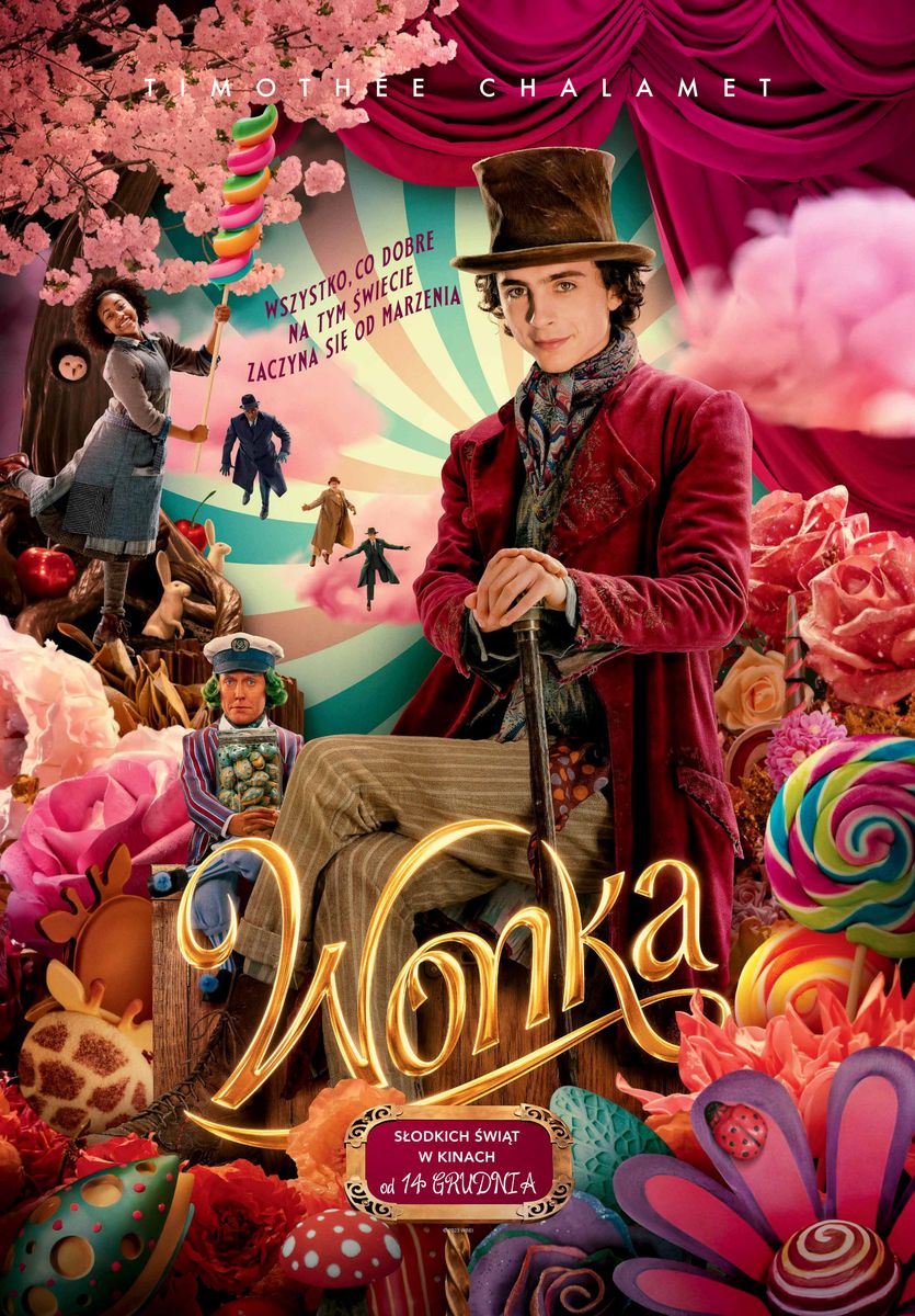 Grafika reklamowa w formie plakatu zapraszająca do kina na film WONKA