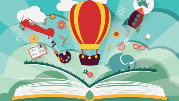 Konkurs „Ilustracja do mojej ulubionej książki” Grafika - nad otwartą książką różne rysunki - balona, samolotu, rakiety itp.