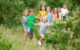 Uśmiechnięte dzieci zbiegają z górki w dół - biegną po trawie pomiędzy krzakami