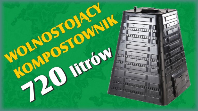Z lewej napis wolnostojący kompostownik 720 litrów. Z prawej widok przykładowego kompostownika