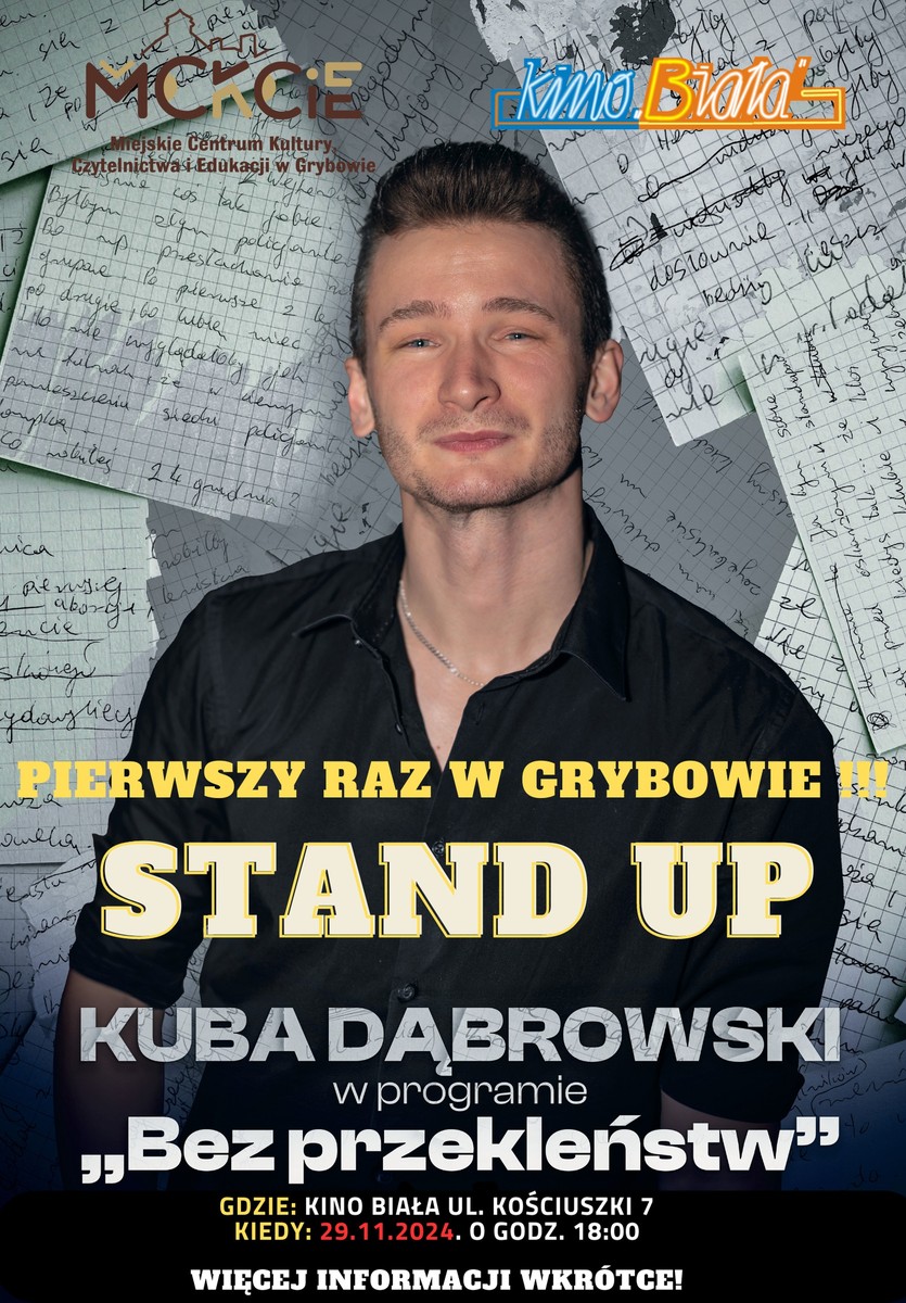 Grafika reklamowa w formie plakatu zapraszająca do kina na stand up