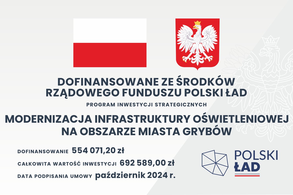 Tablica informacyjna "Modernizacja infrastruktury oświetleniowej na obszarze Miasta Grybów"