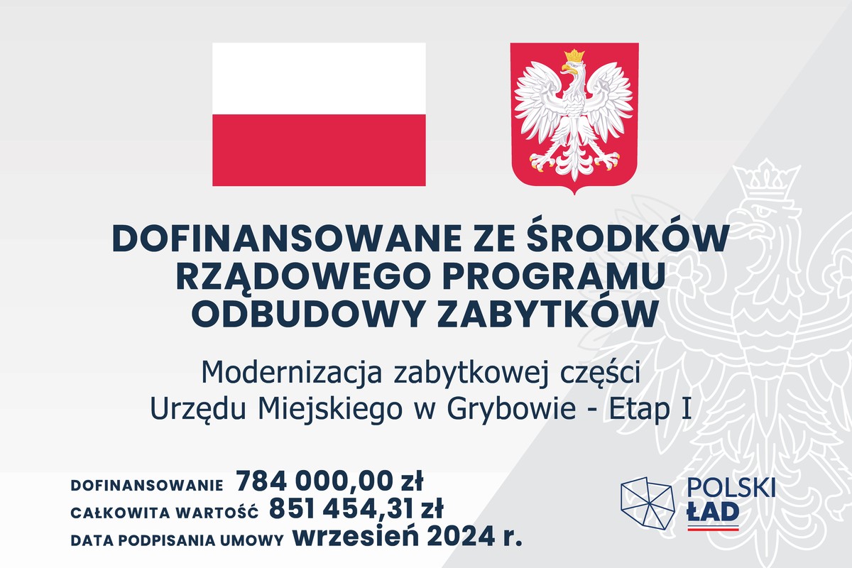 Tablica informacyjna "Modernizacja zabytkowej części Urzędu Miejskiego w Grybowie – Etap I"