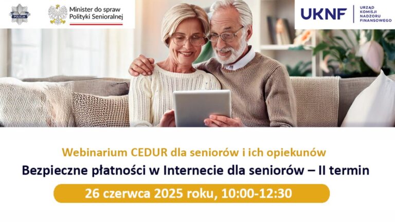 Webinarium: Bezpieczne płatności w Internecie dla seniorów Grafika zapraszająca seniorów do udziału w webinarium