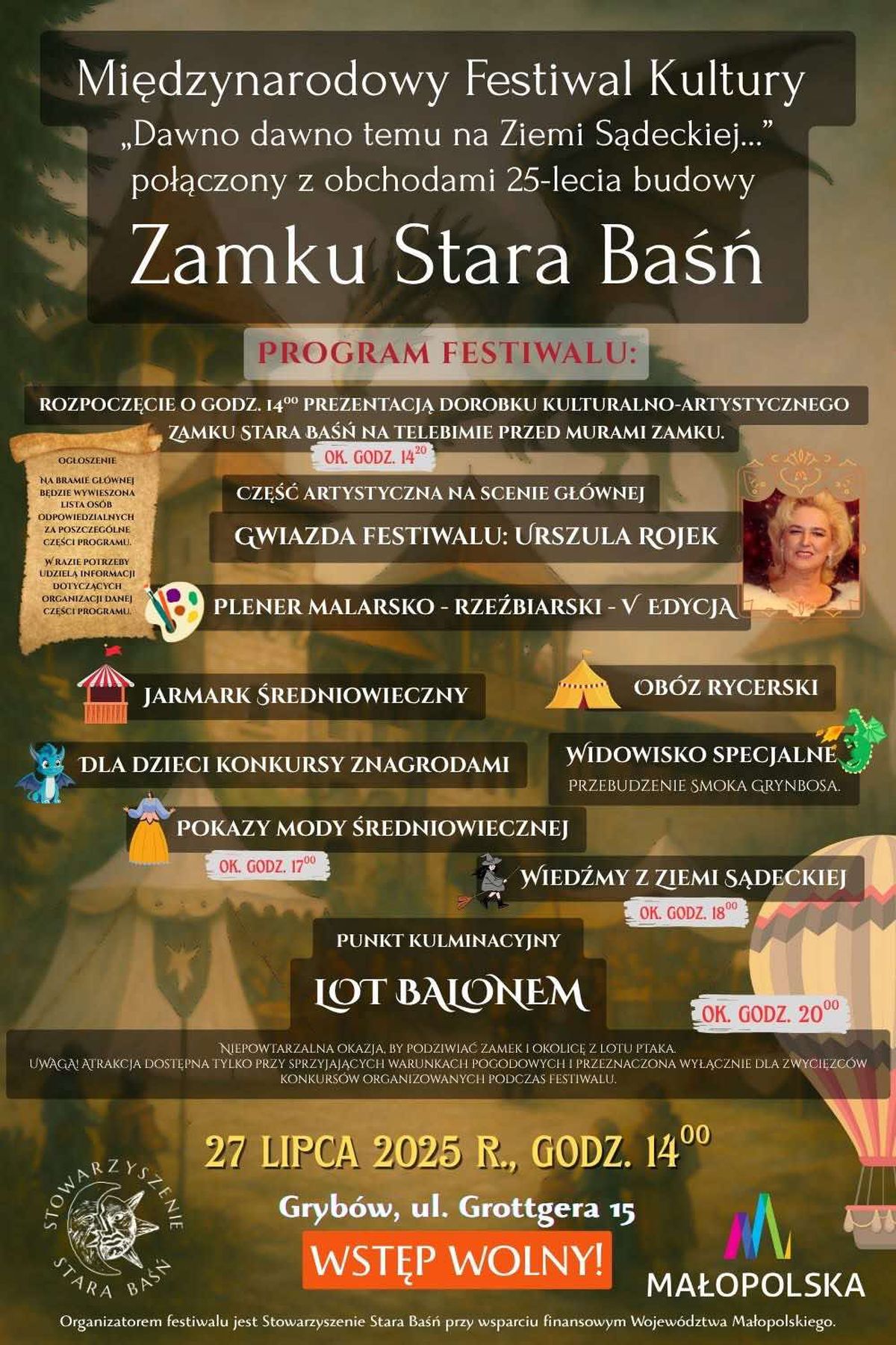 Plakat zapraszający do udziału w imprezie na Zamku Stara Baśń w Grybowie