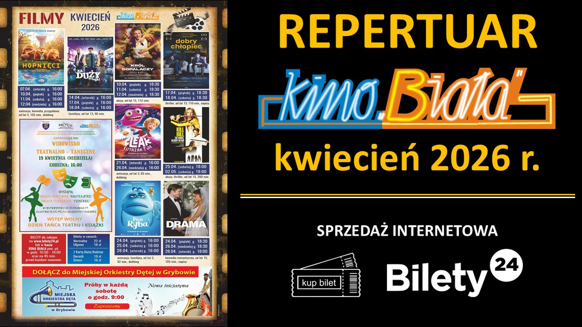 Grafika przedstawiająca harmonogram emisji filmów w Kinie „Biała": Kwiecień 2026 roku