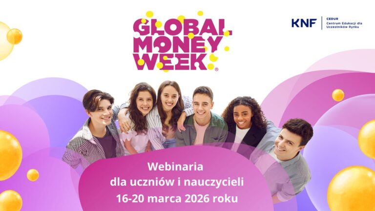 Grafika tematyczna związana z Global Money Week. Grupa uśmiechniętej młodzieży