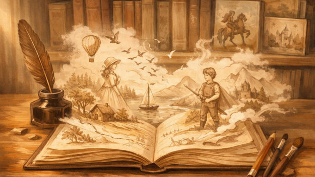 Otwarta książka, z której wyłaniają się różne elementy tworzące ilustracje