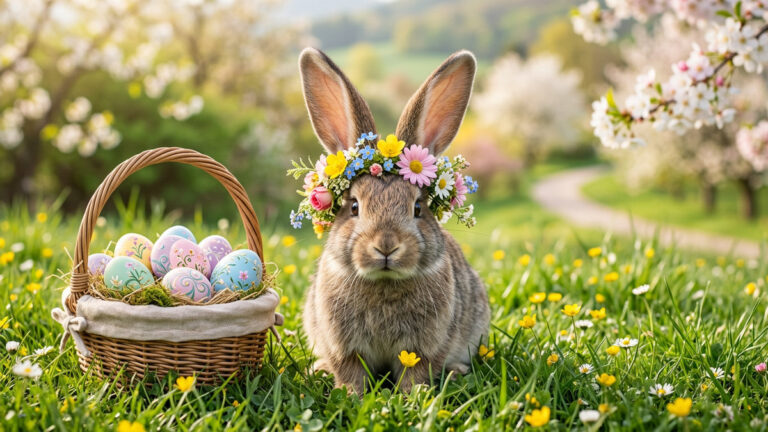Zając z wiankiem na kwiecistej łące - z lewej koszyk z pisankami