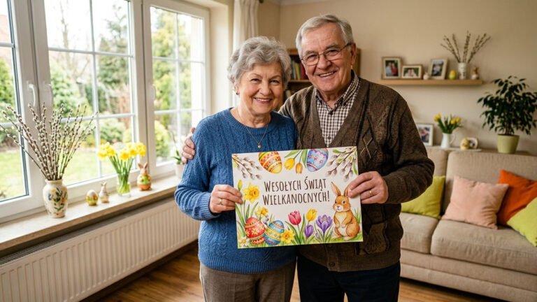Para uśmiechniętych seniorów trzyma w rękach kartkę z napisem WESOŁYCH ŚWIĄT WIELKANOCNYCH!