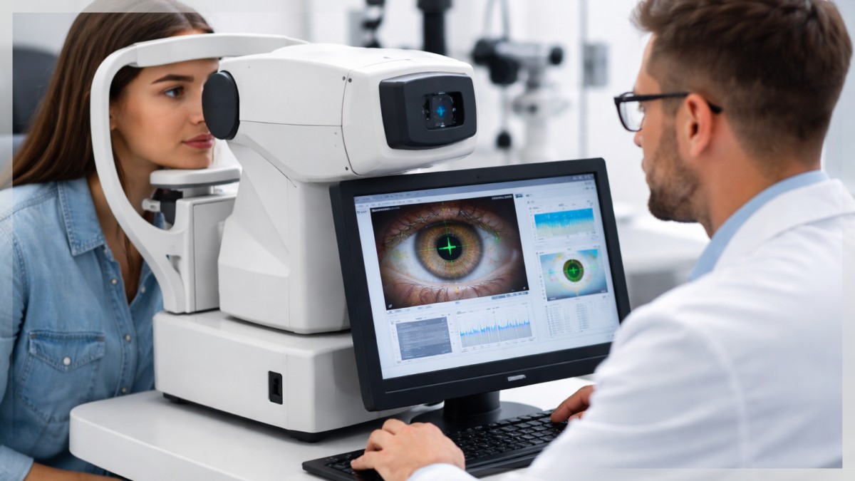 Okulista komputerowo bada wzrok pacjentce