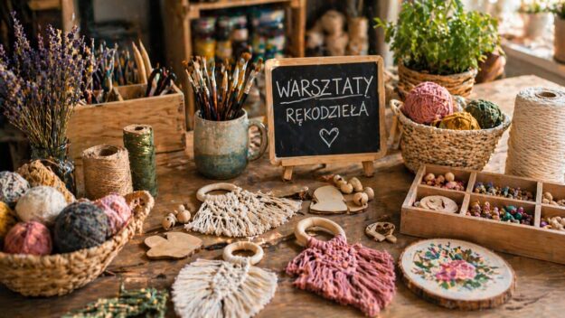 Stół warsztatowy z materiałami rękodzieła: włóczki, koraliki, narzędzia i tabliczka "Warsztaty rękodzieła"