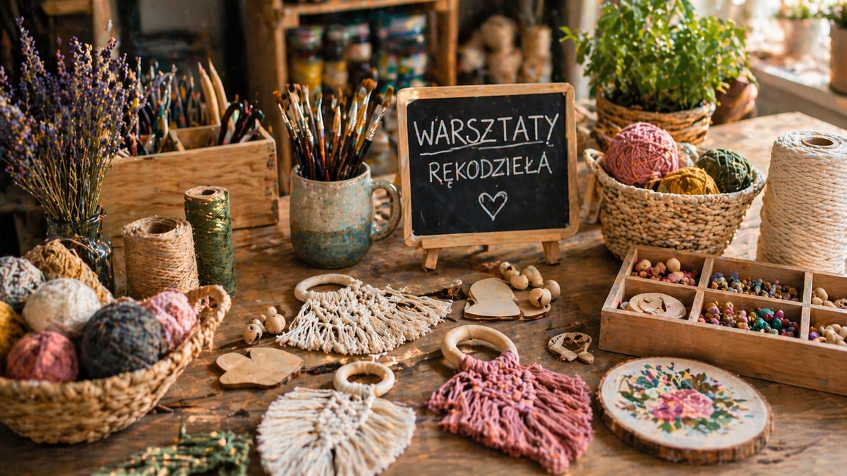 Stół warsztatowy z materiałami rękodzieła: włóczki, koraliki, narzędzia i tabliczka "Warsztaty rękodzieła"