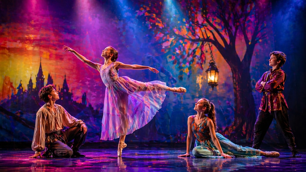 Kolorowa scena: czworo młodych tancerzy, baletnica w centrum w pozie arabeski, teatralne światła i bajkowe tło