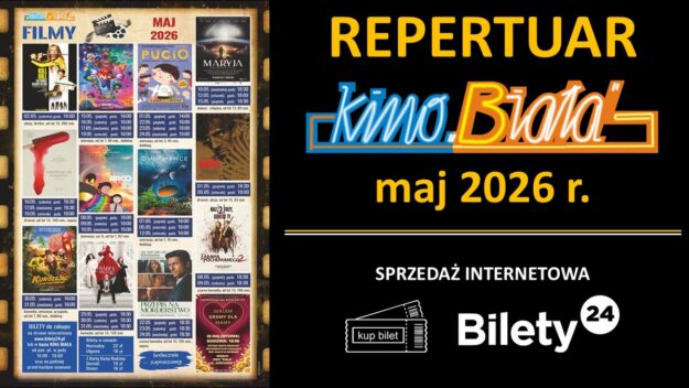 Grafika przedstawiająca harmonogram emisji filmów w Kinie „Biała": Maj 2026 roku