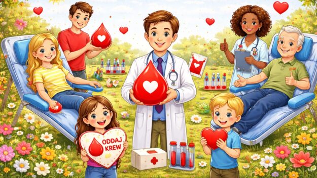 Grafika tematycznie związana z krwiodawstwem - uśmiechnięte osoby trzymają w rękach krople krwi i serduszka. Po obu stronach osoby przygotowanie na leżance do oddania krwi