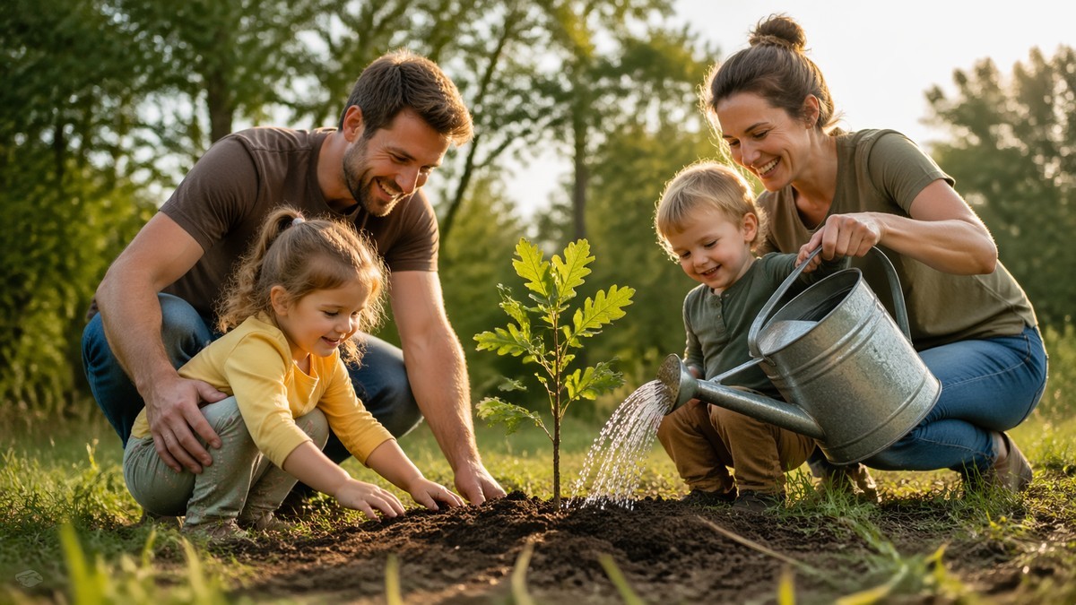 Uśmiechnięta rodzina z małymi dziećmi podlewa wodą z konewki małą sadzonkę dębu