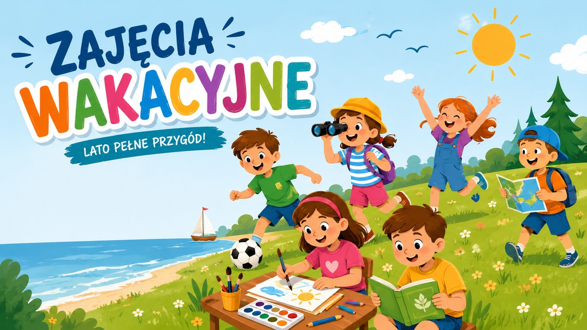 Uśmiechnięte dzieci spędzają czas wolny na łące grając w piłkę, czytając książki, rysując itp.