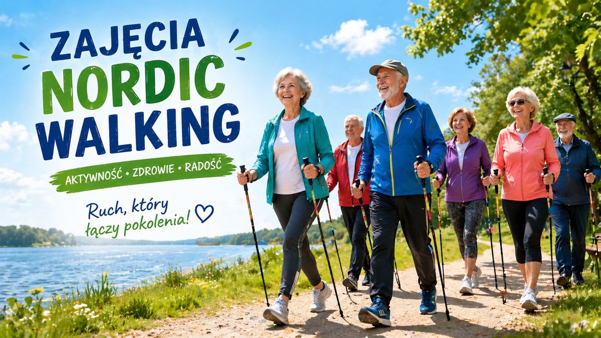 Uśmiechnięta grupa seniorów uprawiająca Nordic Walking