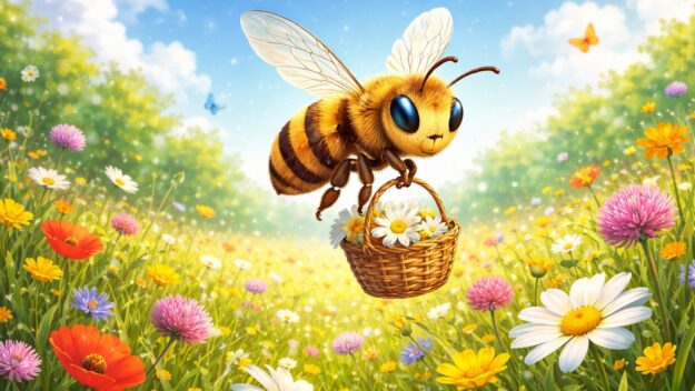 Grafika - pszczoła z koszykiem pełnym kwiatów lata nad ukwieconą łąką