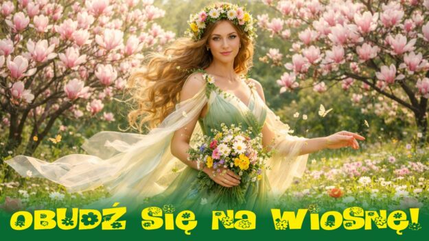 Pani Wiosna z kwiecistym wiankiem na głowie i bukietem w ręce, w tle kwitnące magnolie