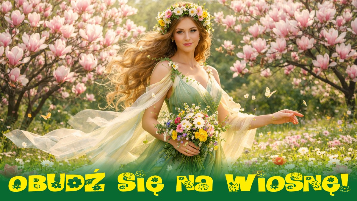 Pani Wiosna z kwiecistym wiankiem na głowie i bukietem w ręce, w tle kwitnące magnolie