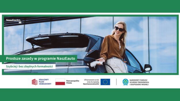 Grafika przedstawiającą kobietę opierającą się plecami o tylne drzwi samochodu. Na dole zestaw logotypów Instytucji Zarządzających