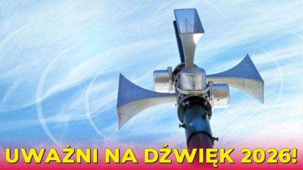 Fragment syreny alarmowej - dołem napis UWAŻNI NA DŹWIĘK 2026!