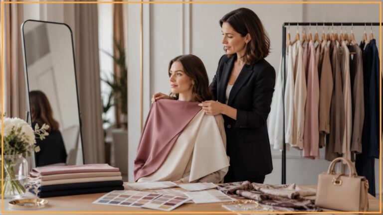 Stylistka prowadzi konsultację wizerunkową z klientką w eleganckim studiu mody