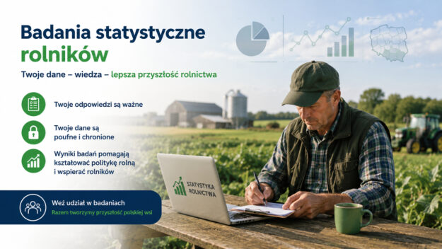 Rolnik wypełnia ankietę przy laptopie na polu; grafika dotyczy badań statystycznych rolników