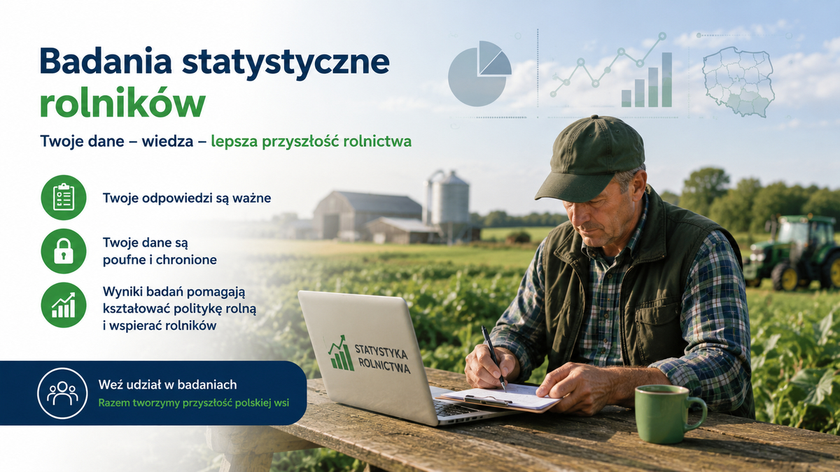 Rolnik wypełnia ankietę przy laptopie na polu; grafika dotyczy badań statystycznych rolników