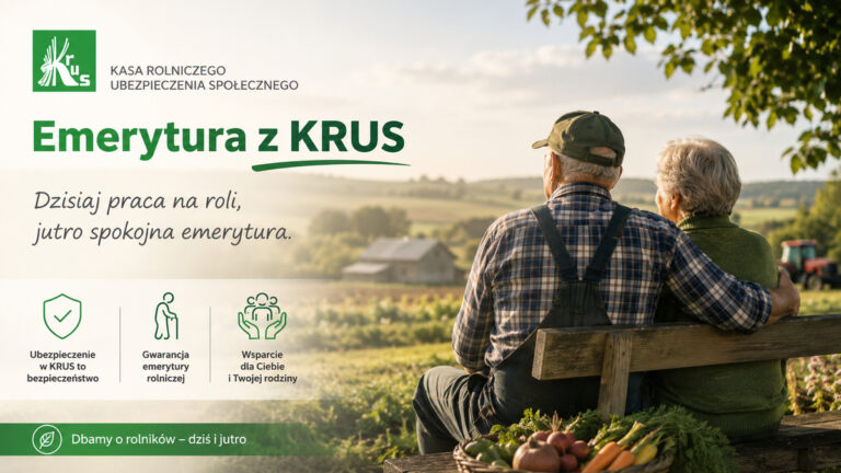 Ważna informacja dla rolników ubezpieczonych w KRUS Starsze małżeństwo rolników siedzi na ławce z widokiem na wieś; grafika promuje emeryturę i ubezpieczenie KRUS