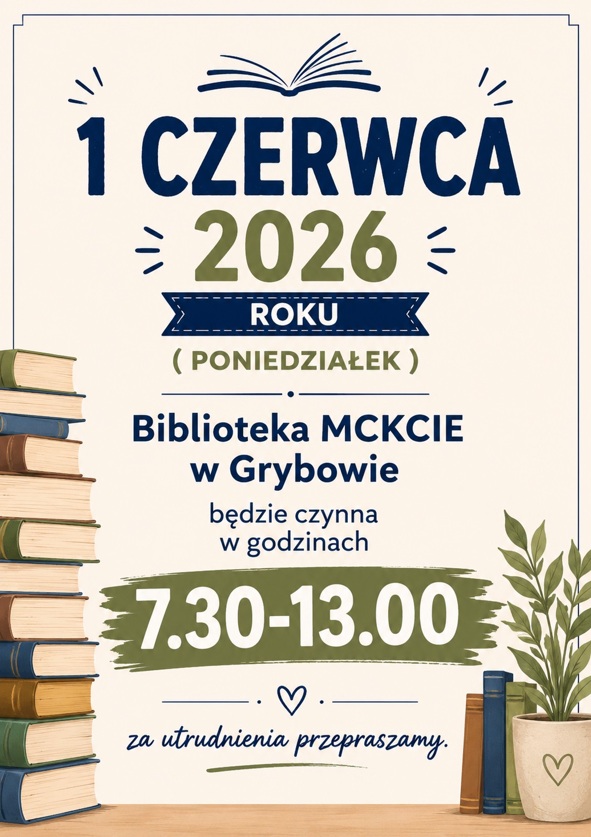 Grafika informująca o zmianach godzin pracy Biblioteki MCKCiE - 1 czerwca 2026 r.