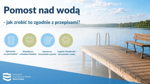 Grafika przedstawiająca pomost nad wodą. Na pomoście stoi ławka
